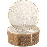 IPSW 50pack Hammered Plastic Plates with Gold Rim - Round Gold Glitter Disposable Plates, Elegant Party Heavy Duty Plates Dishes for Wedding, Bridal Shower, Birthday