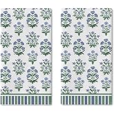Croar Vintage Flower Kitchen Dish Towels Set of 2, Green Blue Floral Cottagecore Drying Hand Towel Baking Cooking Cloth, Spring Summer Wildflower Botanical Bathroom Home Decoration 18'' x 26''