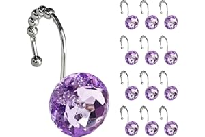 Sunlit Luxury Design Round Purple Diamond Crystal Gem Bling with Glide Balls Shower Curtain Hooks, Rust Proof Metal Rhineston