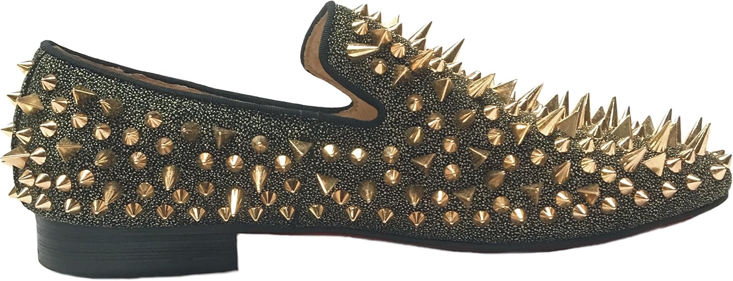black dress shoes with gold spikes