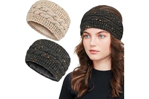 2 Pack Womens Winter Headbands, Fashion Fuzzy Fleece Lined Ear Warmer With Colored Dots, Thick Warm Crochet Headband, Cold We