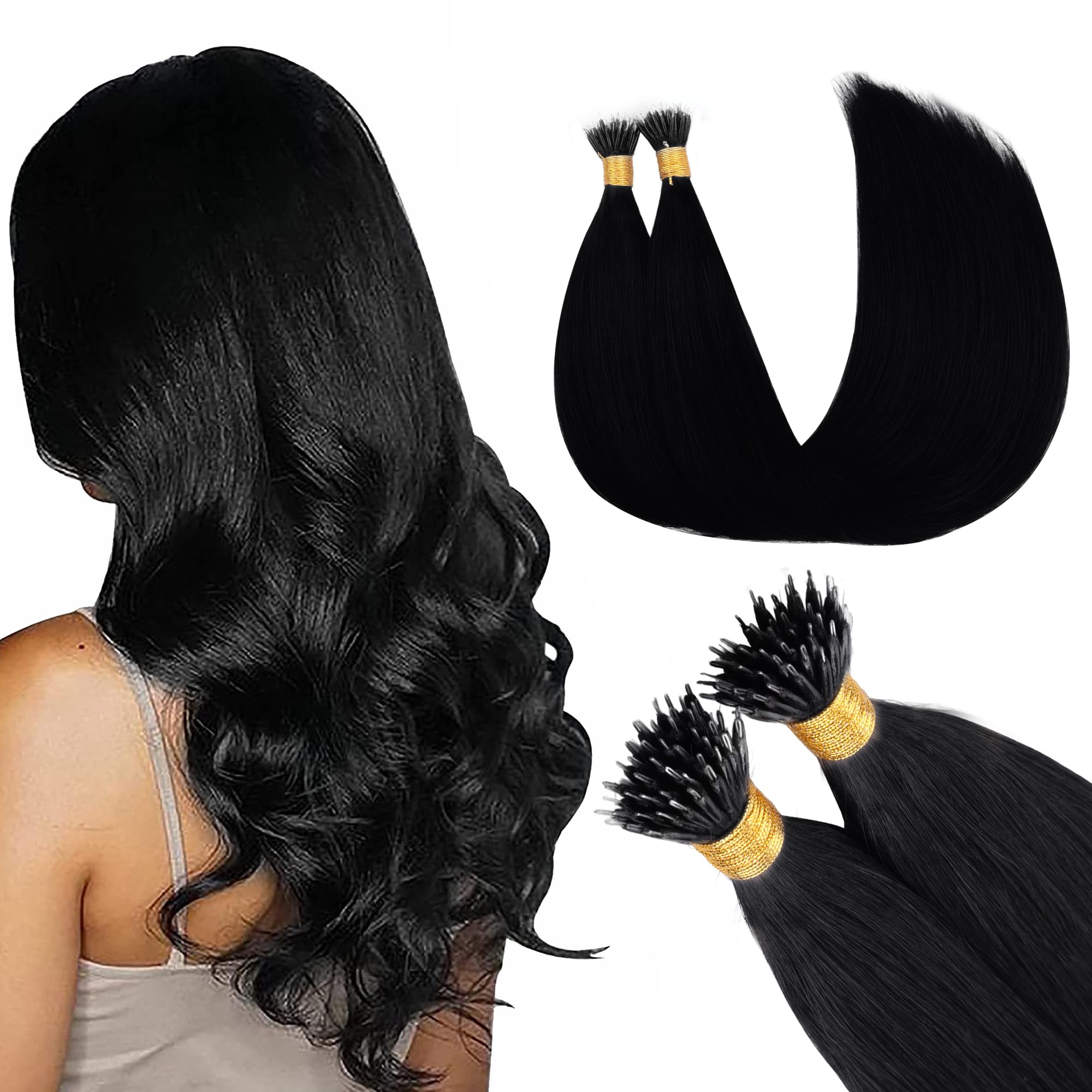 GOO GOO Nano Hair Extensions Real Human Hair, Nano Beads Hair Extensions, Jet black 50g 22inch 50 Strands Cold Fusion Nano Rings Extensions