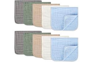 Arnzion Muslin Burp Cloths Set for Babies 100% Cotton Baby Washcloths, Large 20''x10'' Extra Absorbent and Soft 10 Pack for Boys & Girls Blue Grey Green