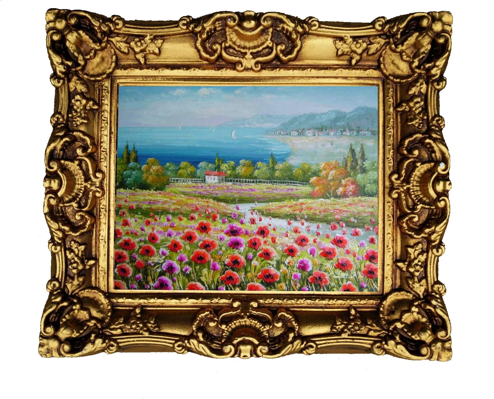 Hong Art Framed Flower Scenery Picture Wall Art Prints with Baroque Resin Frame for Mother's Day, Antiqued Classic Gold Finish For Home Bedroom Decoration CS1827