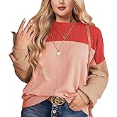 ForHailey Womens Fashion 2024 Color Block Long Sleeve Crewneck Knitted Casual Loose Pullover Shirts Tops XL-5XL
