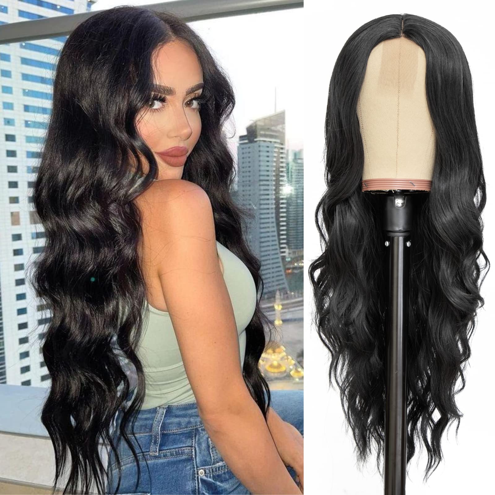 Photo 1 of NAYOO Long Black Wavy Wig for Women 26 Inch Middle Part Curly Wavy Wig Natural Looking Synthetic Heat Resistant Fiber Wig for Daily Party Use (Natural Black)