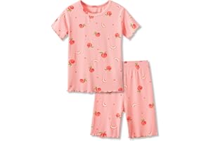 Beezizac Toddler & Little Girls Pajamas Cute Ditsy Floral/Strawberry Fruit Tee & Pants PJ Spring Set Kid Size 2T- 10
