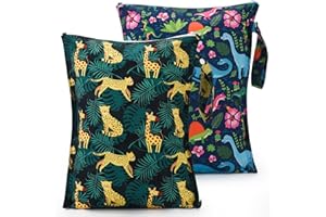 eaxin 2pcs Cloth Diaper Mess-proof Wet Bags,Waterproof Reusabel Travel Storage Stroller Daycare Soiled Baby Items Beach Pool Yoga Gym Bag for Wet Toddler Swimsuits-Leopard,Dinosaur
