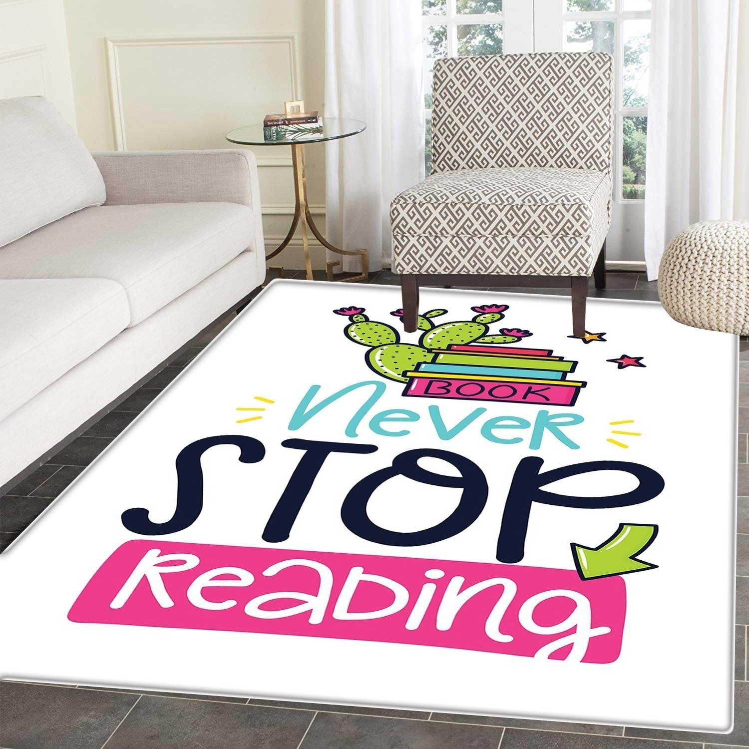 Book Area Mat Vivid Color Cactus and Stars Behind Books with Inspirational Print Never Stop Reading Indoor/Outdoor Area Mat 2'x3' Multicolor