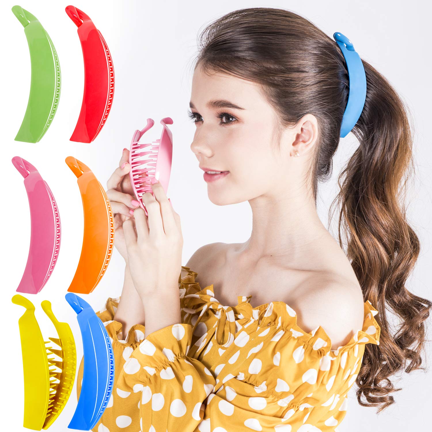 RC ROCHE 6 Pcs Banana Hair Clips for Women Thick Hair Curly Claw Strong Hold No Slip Ponytail Holder Interlocking Teeth Clamps Medium XL Extra Jumbo, Large Rainbow Multicolor