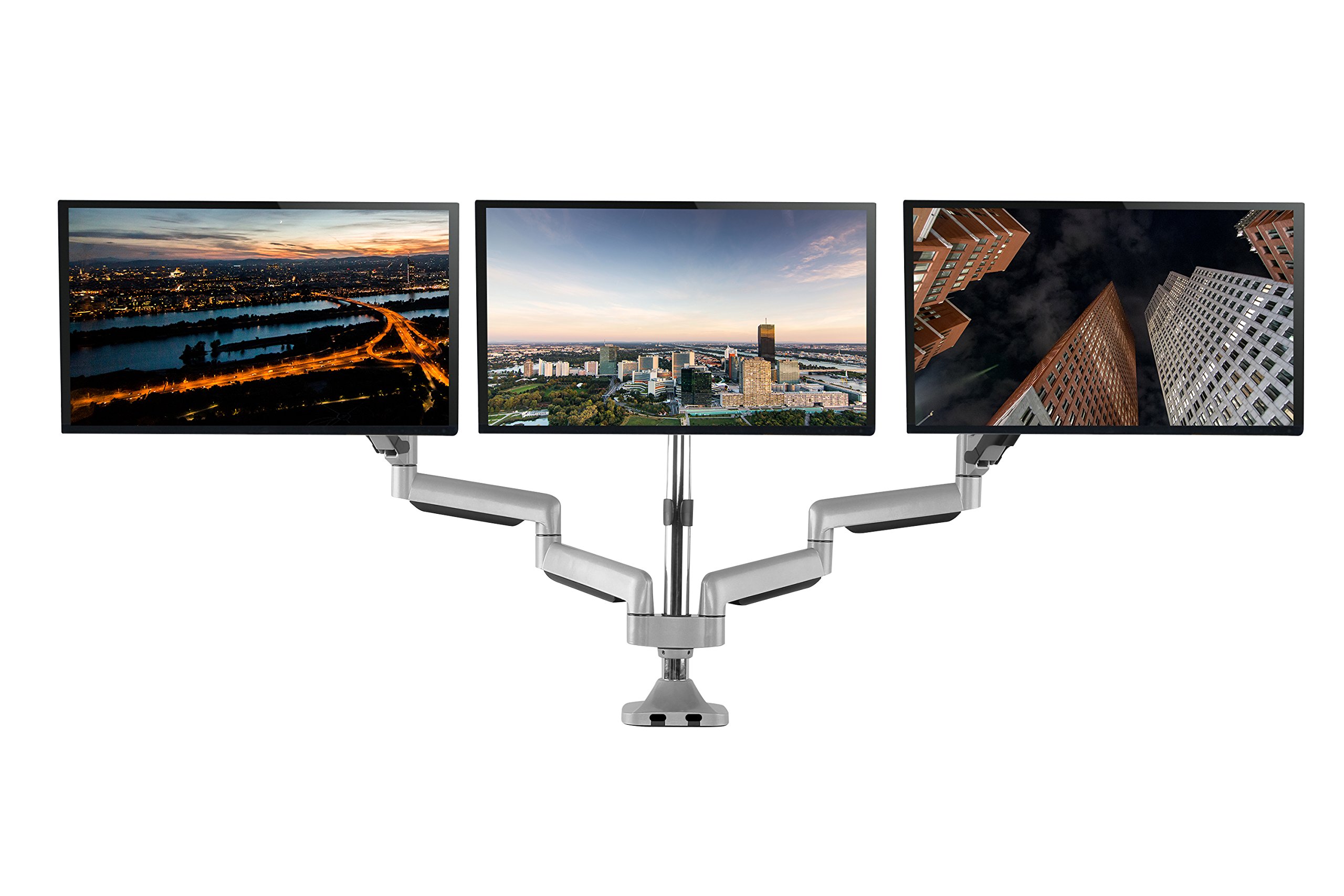 TechOrbits Three Monitor Stand Mount - SmartSWIVEL - Triple Computer Screen Desk Mount Arms - Full Motion Swivel Articulating Gas Springs - Universal Fit for 13" - 30" Screens Vesa Mount