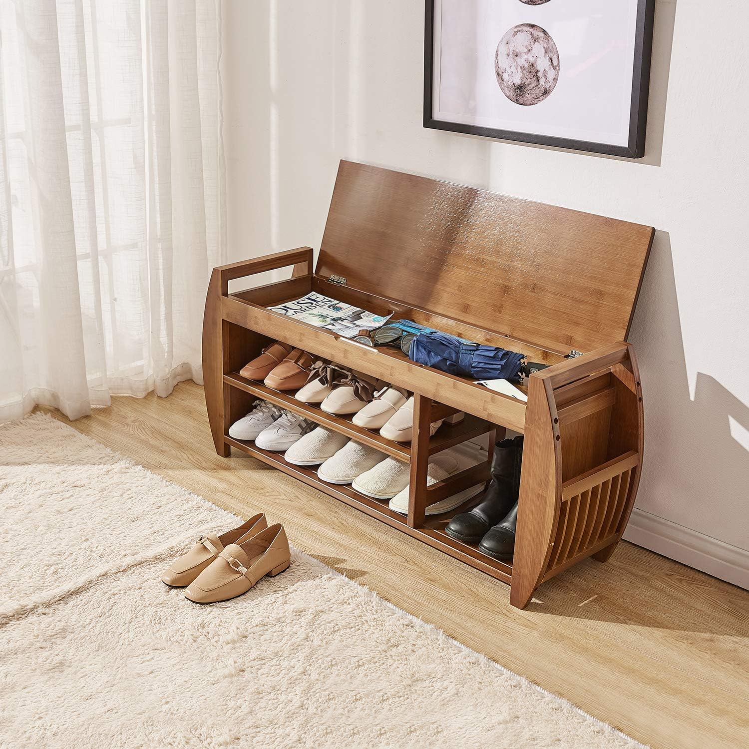 Bamboo Shoe Rack & Shoe Bench, Entryway Storage Organizer, Multi Function for Hallway Bathroom Living Room Corridor and Garden, Detachable Cushion with Hidden Storage Compartment: Kitchen & Dining