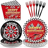 Grencian 96Pcs Red Race Car Happy Birthday Party Decorations Supplies Hot Car Plates and Napkins Racing Themed Checked Flag Tableware for Boys Transportation Birthday Party Decorations Serve 24