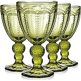 Elsjoy Set of 4 Vintage Green Wine Glass, 8.5 Oz Embossed Glass Goblet Colored Stemmed Drinking Glassware, Beverage Stemware for Juice, Cocktail, Party Wedding