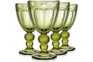 Elsjoy Set of 4 Vintage Green Wine Glass, 8.5 Oz Embossed Glass Goblet Colored Stemmed Drinking Glassware, Beverage Stemware 