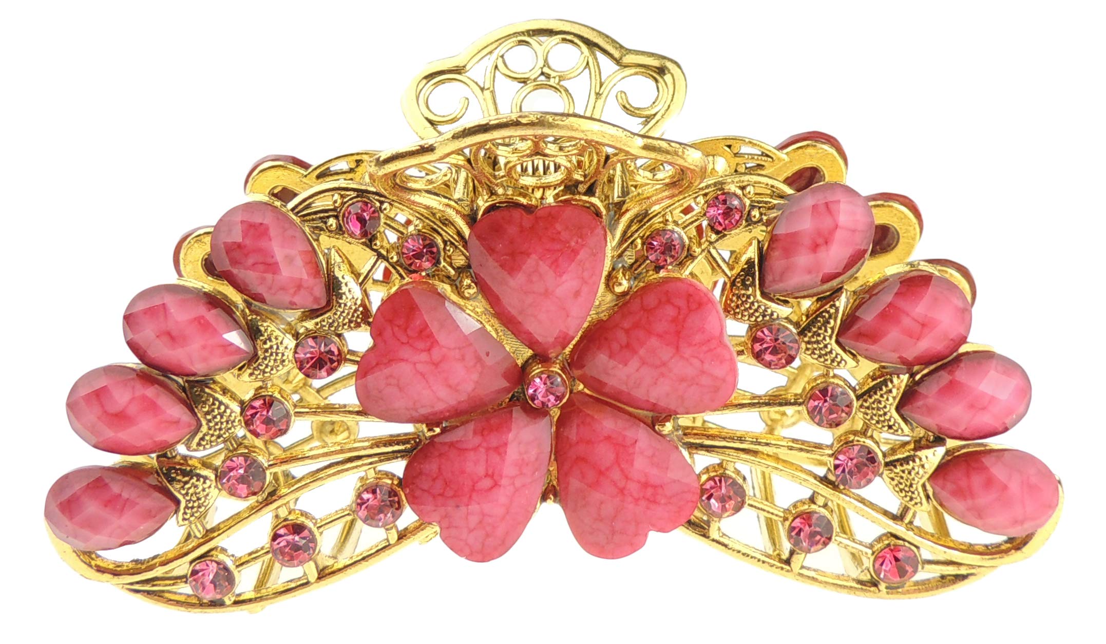 Womens Girls Vintage Look Crystal Diamante Bridal Wedding Party Bridesmaid Birthday Metal Hair Bulldog Crab Octopus Jaw Styling Claw Clamp Clip Gold Tone 9cm Large Rose Daisy Flower (Pink)