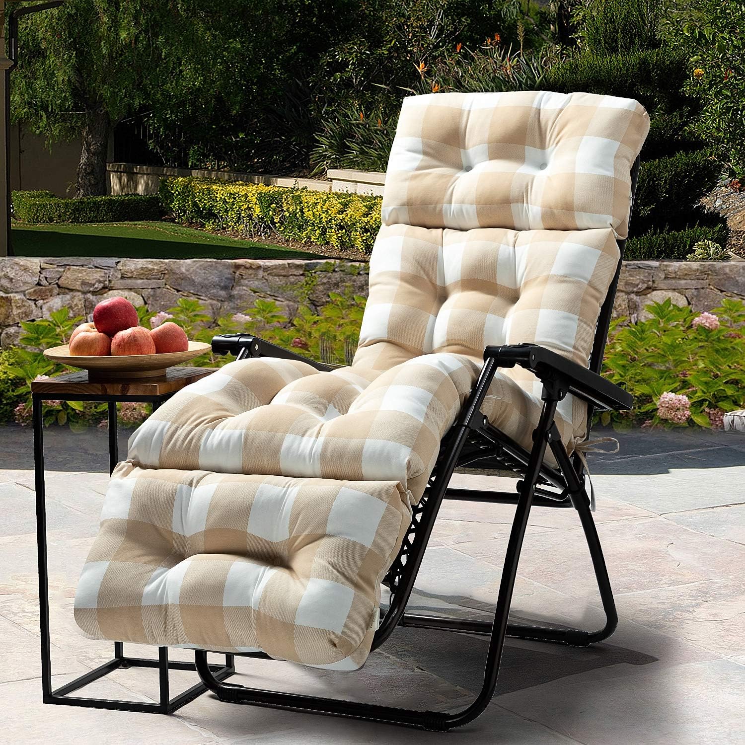 Amazon Com Tina S Home Taupe Plaid Tufted Outdoor Chaise Lounger Cushion For Patio Furniture Waterproof Geometric Long Cushion 72 X 22 Garden Outdoor