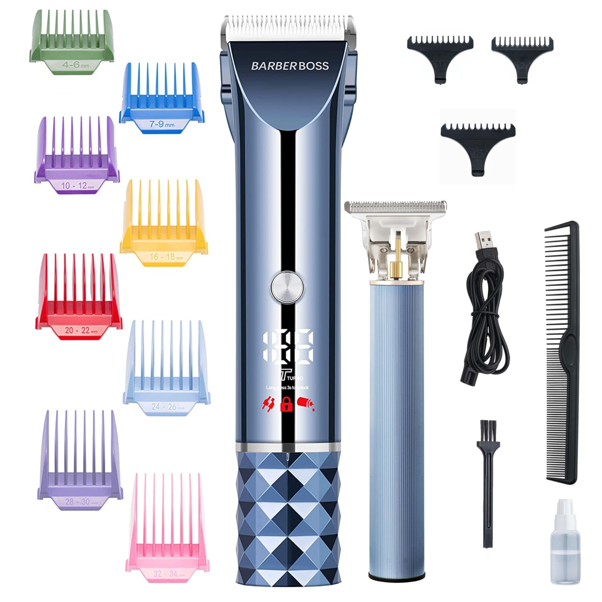 Barberboss Hair Clippers, Men's Beard & Hair Trimmer Set, Ceramic & Titanium T-Blade Trimmer, LED Display, 8 Color Comb Attachments, Cordless, USB Charge, QR-2681