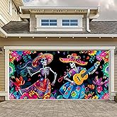 HOMETITUTE 6x13ft Day of The Dead Garage Door Banner Dancing Skeleton Couple Sugar Skull Music Flowers Papel Picado Hanging Photo Background Decor Indoor Outdoor Fiesta Party Decorations