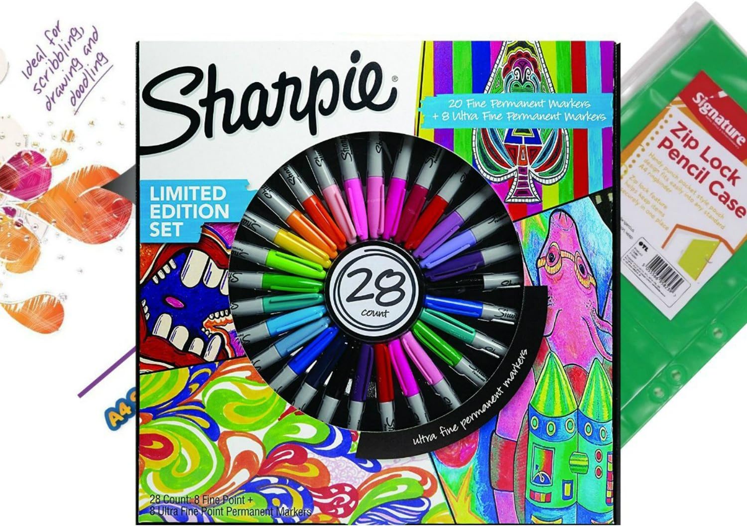 Sharpies Pens Ultra Fine Point 28 Pack Limited Edition, Ultra Fine & Fine Tip Pens Plus Doodle Sketch Pad & Ring Binder Case