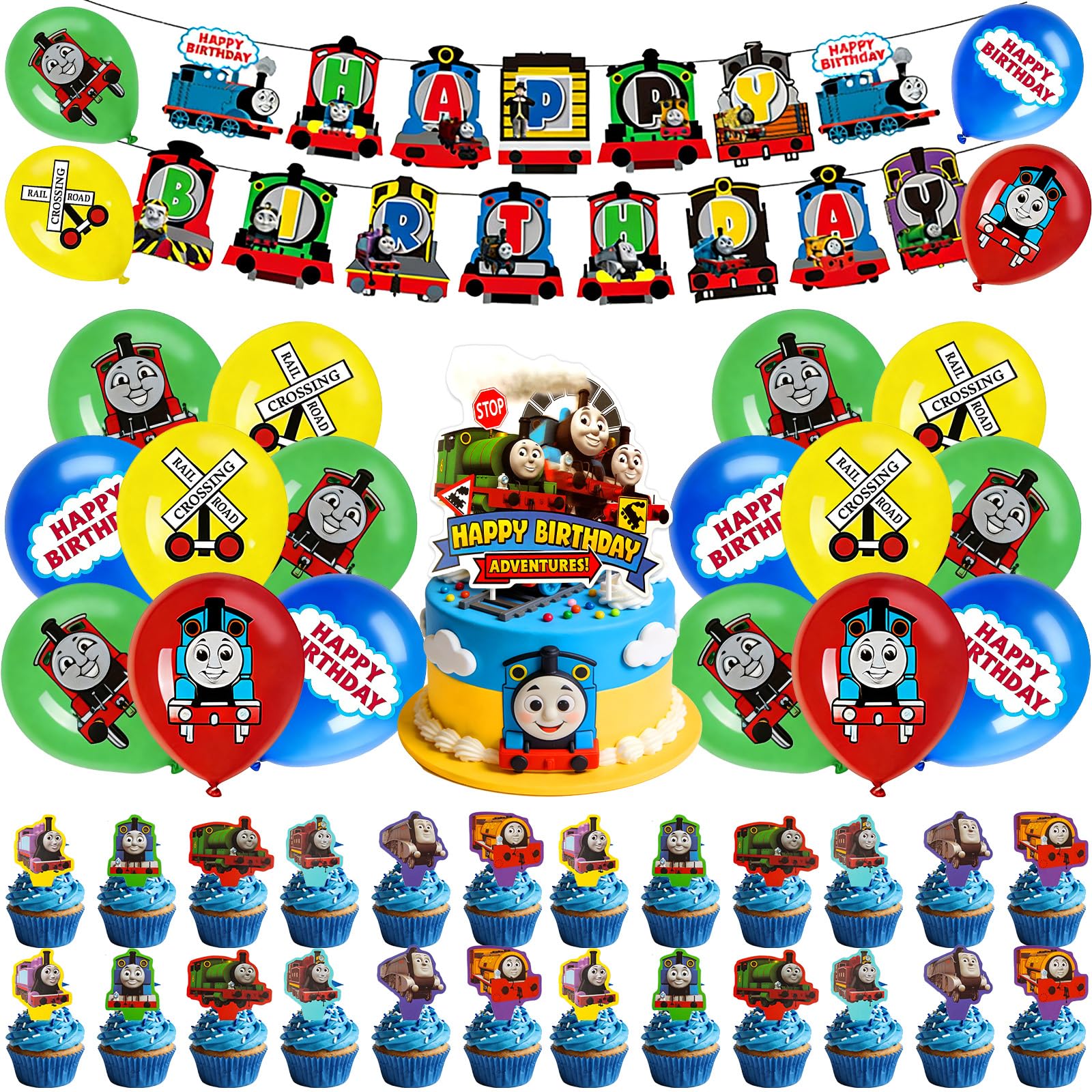 42Pcs Train Birthday Decorations, Cartoon Theme Party Supplies for Kids Boys Girls, Include Happy Birthday Banner, Cake Topper, Cupcake Toppers and Latex Balloons — image 1