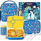 Kids Bento Lunch Box with Thermo Leak-Proof Snack Lunch Containers with Insulated Lunch Bag Utensils Set Back to School Supplies Gifts for Boys and Girls Toddlers Kindergarten Lunch Accessories Blue