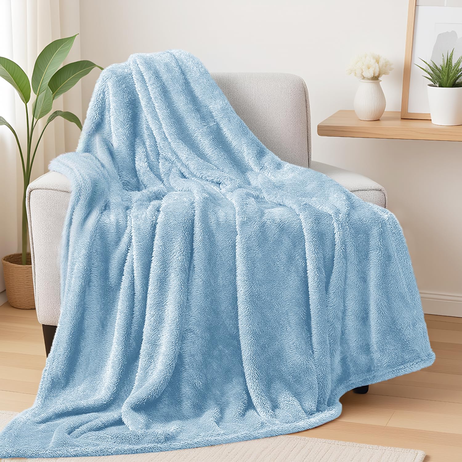 Exclusivo Mezcla Plush Fuzzy Fleece Throw Blanket 127x178 CM, Super Soft, Fluffy and Warm Blankets for Couch, Bed, All Season Use, Light Blue โ image 1