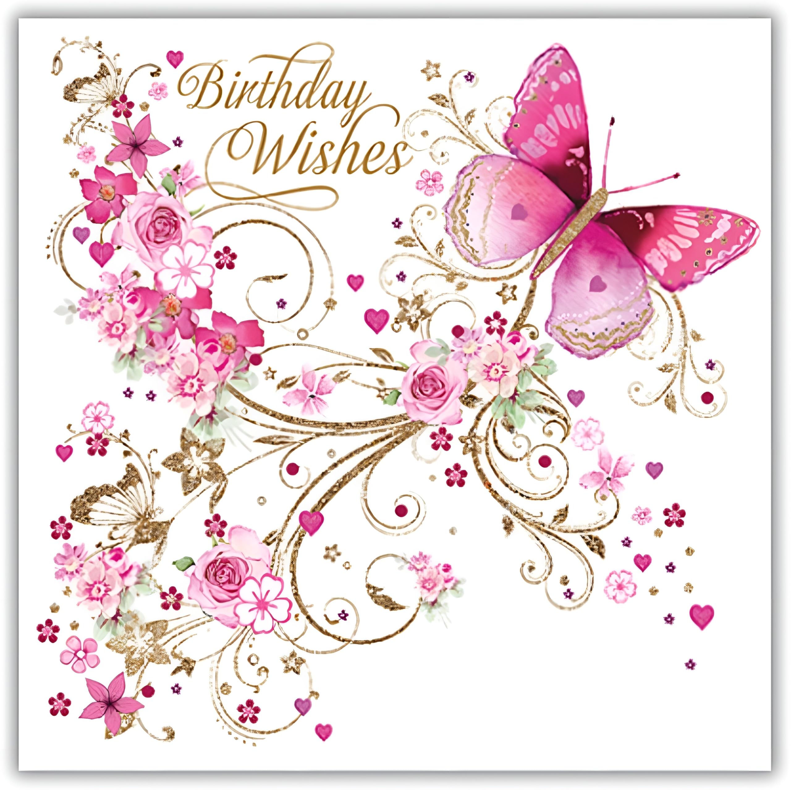 Nigel Quiney Female Birthday Card - Happy Birthday Card for Women with Floral Butterfly Trai Design and an Embossed Flitter Finish