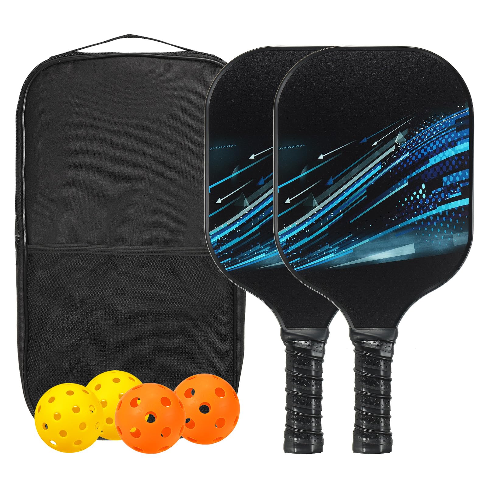 PATIKIL Pickleball Paddles Set, USAPA Approved Fiberglass Surface Pickleball Rackets with Overgrip, 2 Paddles, 4 Pickleballs,1 Carry Bag for Men Women, Blue White Light