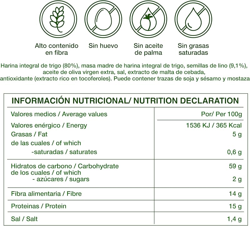 - Dextrín – Tostadas de Pan 100% Integral, Alto en Fibra, Sin Azúcares Añadidos, Vegano – 300 g (Lino)