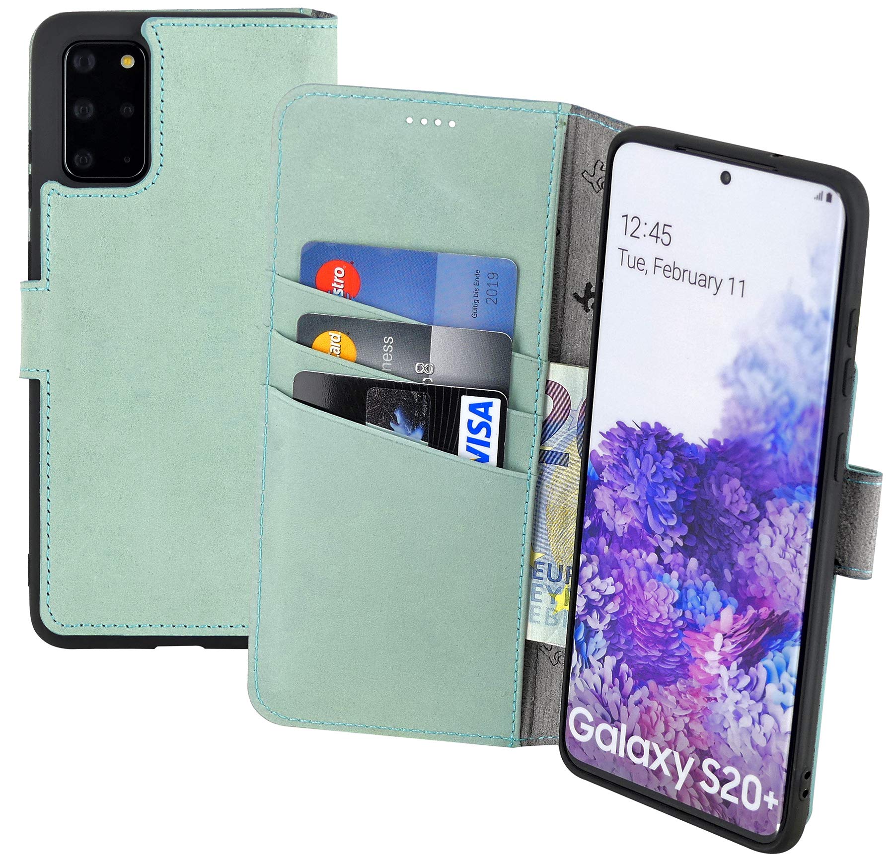 Suncase Book-Style Case Compatible with Samsung Galaxy S20 Plus Leather Case (Slim Fit) Leather Mobile Phone Case Protective Case with 3 Card Slots in Antique Turquoise