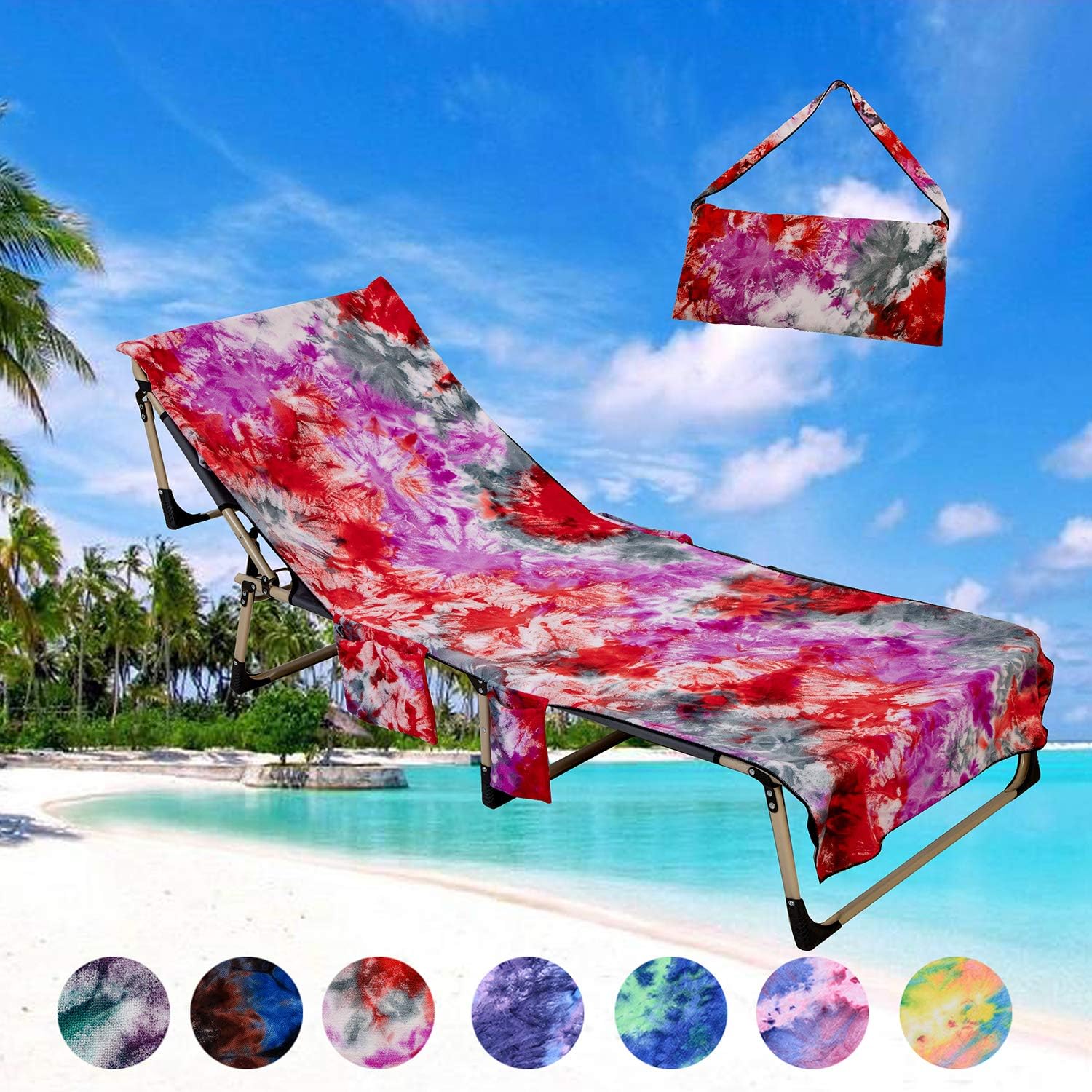 Beach Chair Cover, Microfiber Chaise Lounge Towel Cover with Storage Pockets for Pool Sun Lounger Hotel Garden Red Tie-Dye