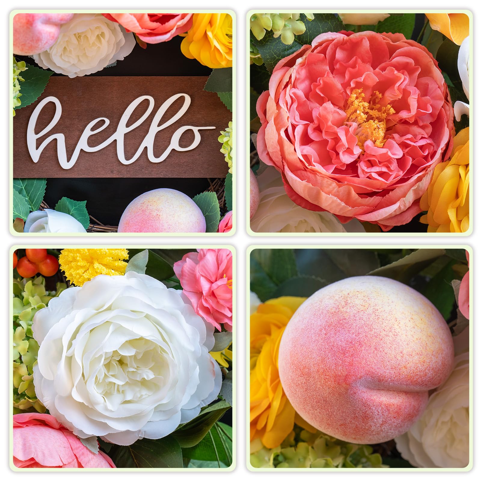 Condition photo showing New/Like New for spring wreath for front door, 24 inch artificial spring and summer wreath with peony, rose, orchid, 