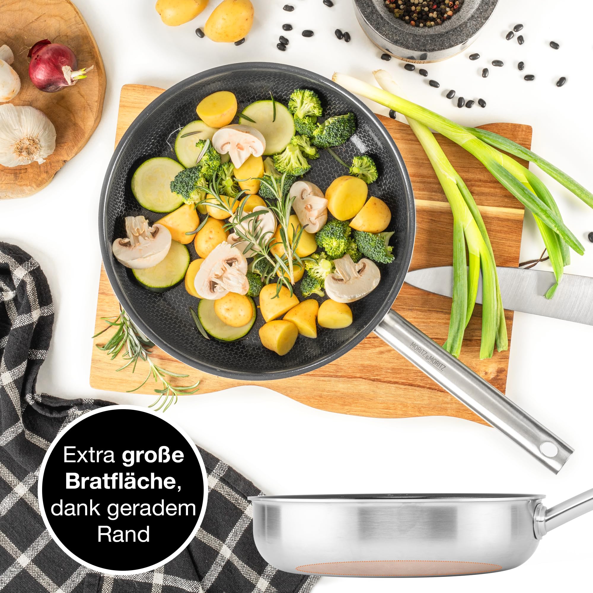 Moritz & Moritz Antihaft Pfanne 28 cm Induktion - Bratpfanne 28cm mit Keramikbeschichtung & Wabenstruktur - Edelstahlpfanne mit hohem Rand - Ideal für alle Herdarten & zum Kochen, Braten, Schmoren 5