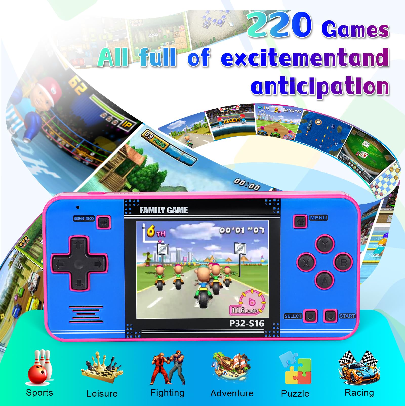 Handheld Game for Kids ，Built-in 220 32-bit Video Games, 3.0” IPS Screen, Rechargeable Portable Game , Travel Mini Arcade Electronic Toys Gift for Boys and Girls (Pink+Blue)