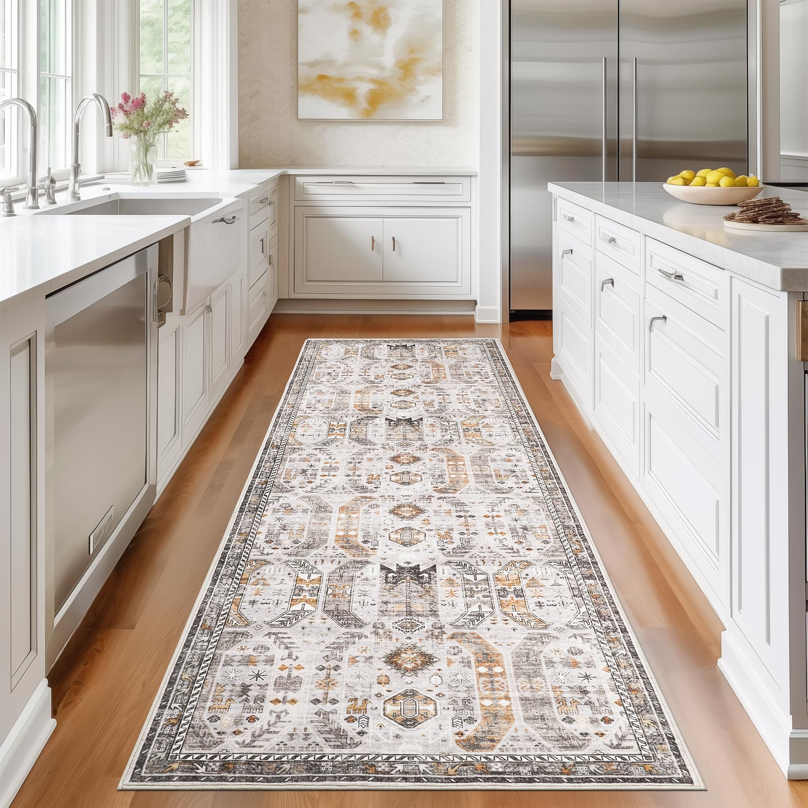 Photo 1 of Madane Runner Rug 2'6''x8' Kitchen Runner, Hallway Runner Printed Vintage Washable Rugs Soft Non-Slip Low Pile 2.5x8 ft Runners for Hallways Laundry Room Rug Distressed Rug, Brown/Gold