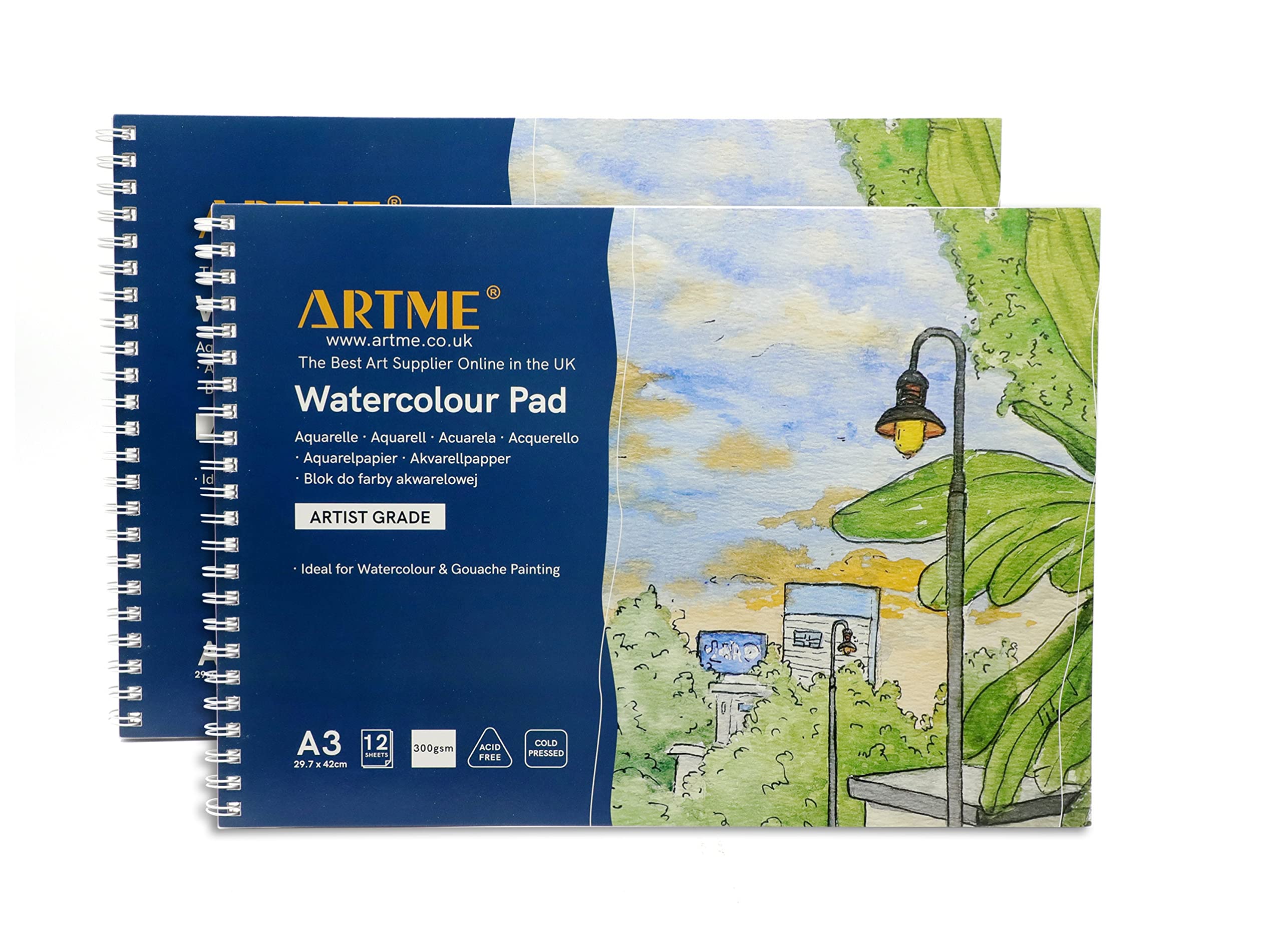 ARTME A3 Watercolour Pad (2 Pack) x 12 Sheets/ 300gsm/ Firmly Textured/Cold Pressed/Cellulose Acid Free/Premium Quality Drawing Pad Sketchbook Aquarelle & Gouache Painting(2 Pack)