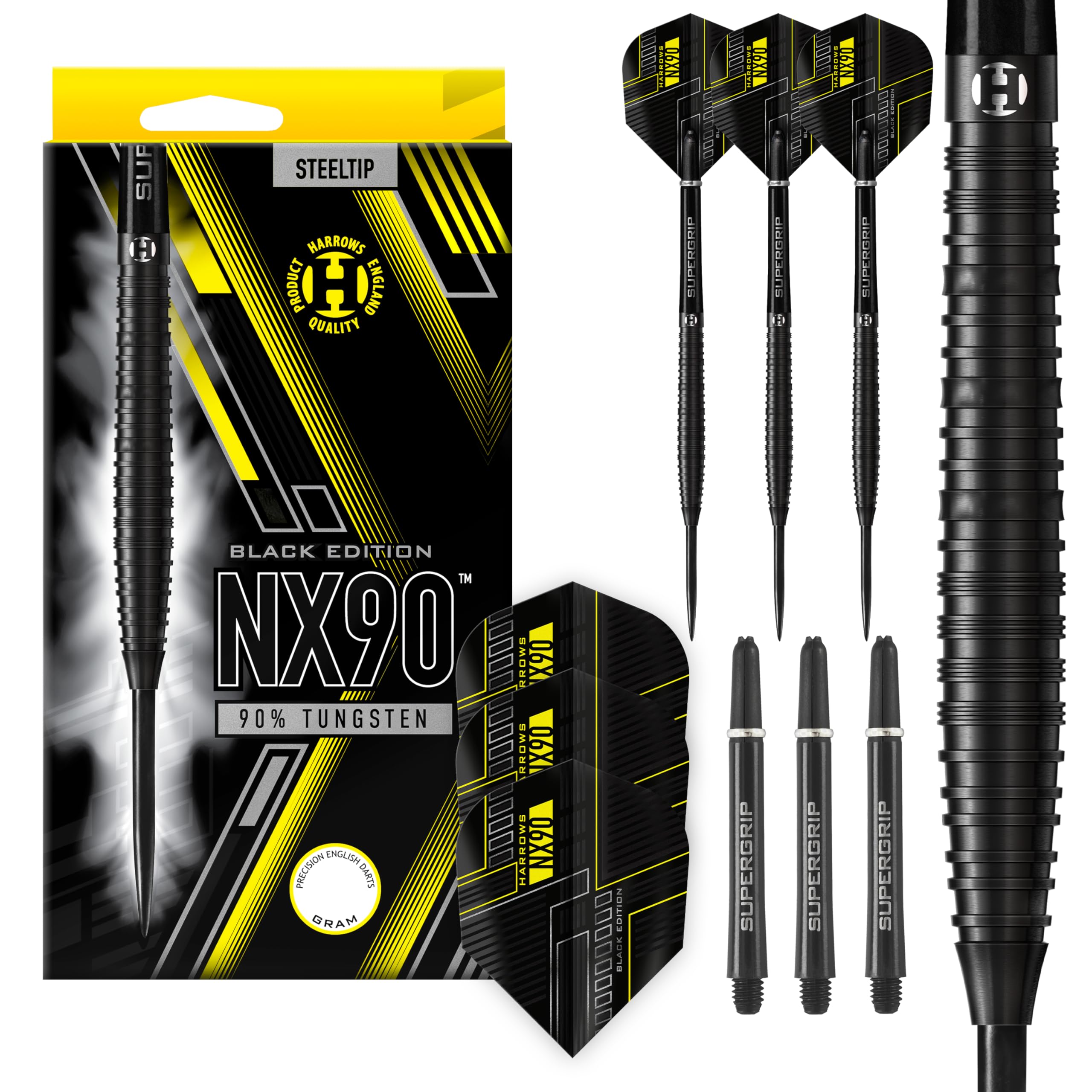 Harrows NX90 BLACK EDITION 90% Tungsten Steel Tip Darts Set 21g, 22g, 23g, 24g, 25g & 26g - Includes Black Supergrip Midi Shafts & Micron NX90 Flights - 21g