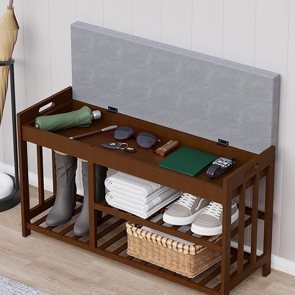 APRTAT 3-TIER BAMBOO SHOE RACK BENCH, SHOE STORAGE ORGANIZER BENCH, ENTRYWAY BENCHS, SHOES RACK FOR FRONT DOOR ENTRANCE, ENTRYWAY BATHROOM BEDROOM