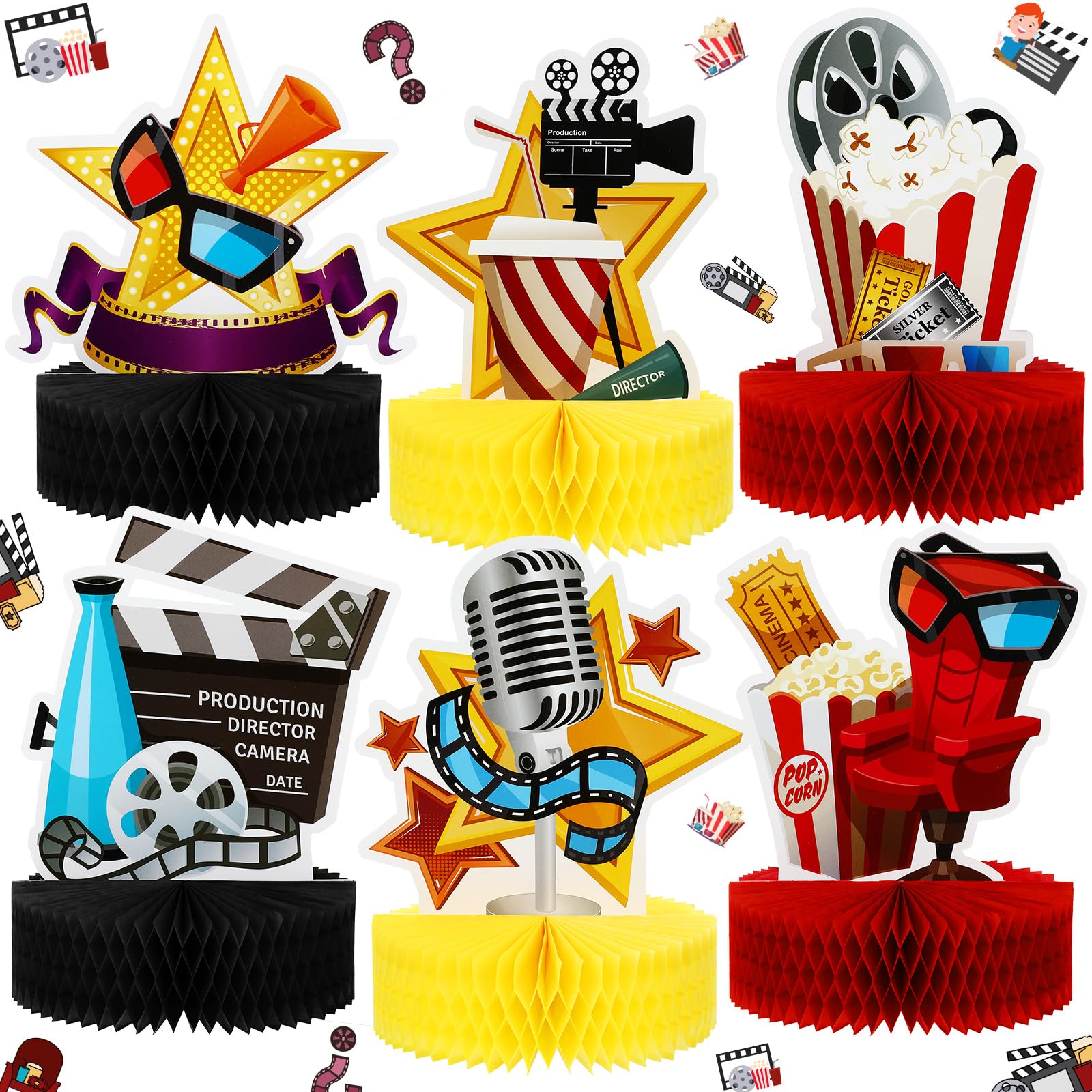 Photo 1 of Sumind 6 Pcs Movie Night Decorations Party Honeycomb Centerpiece Film Theme Cakes Table Topper Large Word Paper Sign for 3D Table Decoration, 8.7 x 7.5 Inch