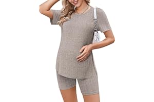Ekouaer Women's Maternity 2 Piece Set Outfits Short Sleeve Shirts and Biker Shorts Ribbed Knit Pregnancy Pajamas Mama Clothes