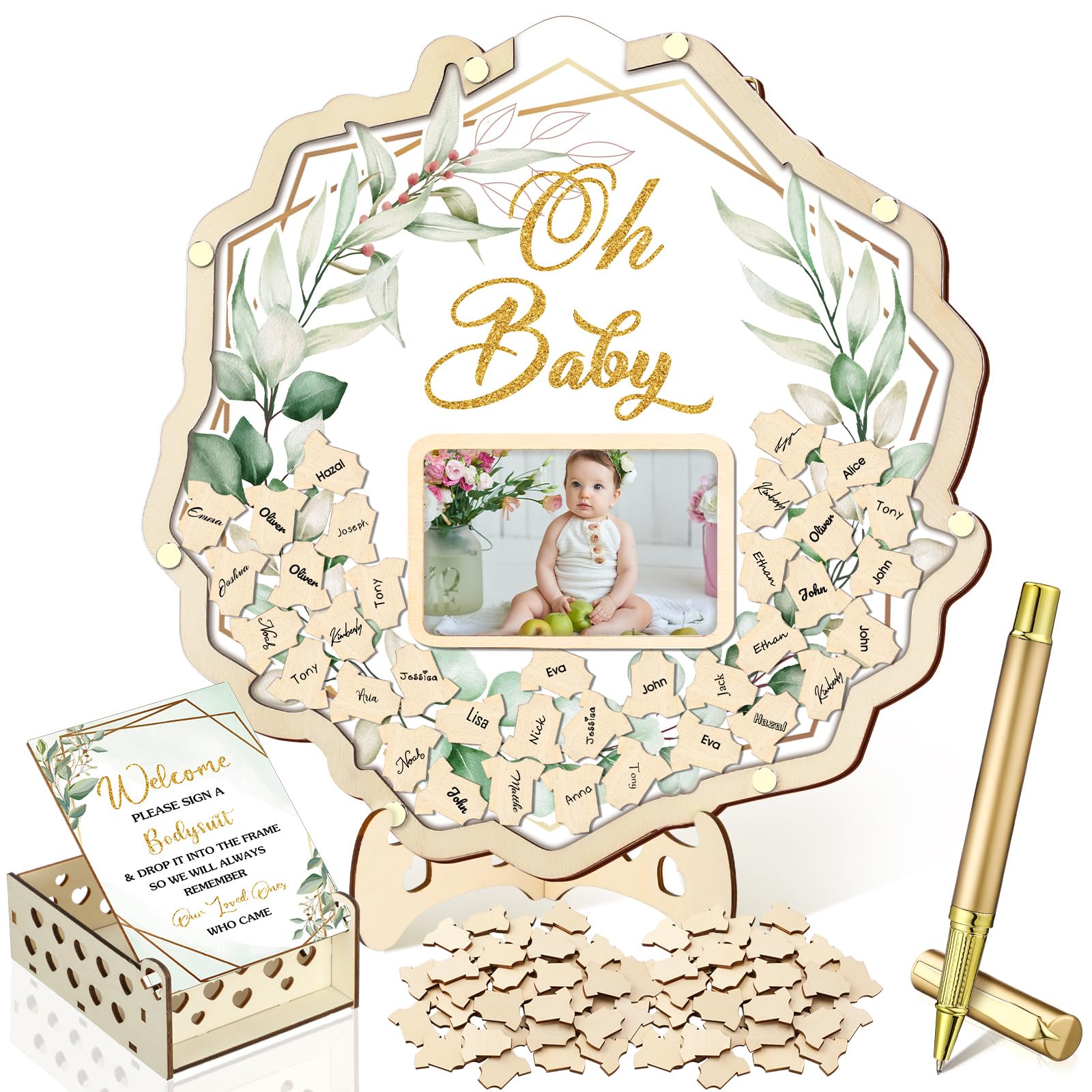 Wenqik 63 Pcs Green Leaves Baby Shower Guest Book Alternatives Set Baby Shower Decorations with Photo Frame Sonogram Frame Keepsake 60 Wood Slices Guest Book for Birthday