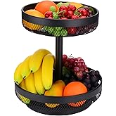IBERG 2 Tier Fruit Basket - Detachable Mesh Fruit Bowl for Kitchen Countertop - Metal Basket Stand for Fruits,Vegetables, Bread & Snacks (Black)