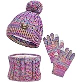ZOORON Kids Winter Hat Gloves Scarf Set, Girls Boys Hats Beanie with Pom Children Knit Neck Warmer Mittens Fleece Lined Set