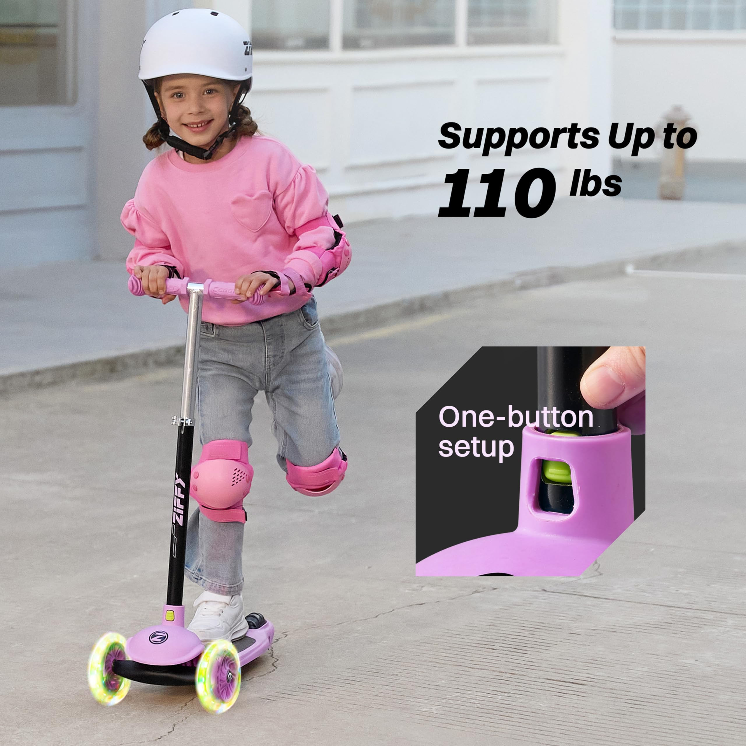 ZIFFY 3-Rad-Kinderroller 3–5 Jahre – Blau/Grün/Pink/Violett – LED-Leuchträder, Neigelenkung, Hinterradbremse – Höhenverstellbarer Lenker 44–61 cm – 1,8 kg, schnell zerlegbar 5