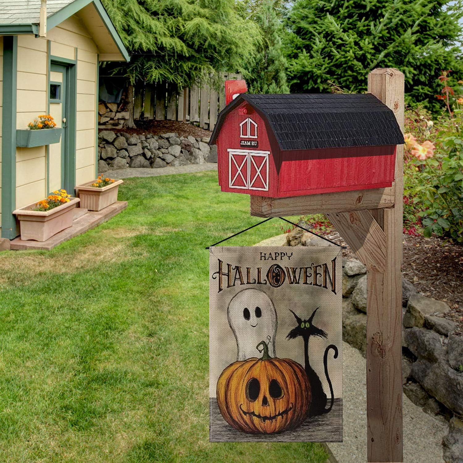 AVOIN Happy Halloween Garden Flag Vertical Double Sized, Spooky Ghost Pumpkin Jack O'Lantern Black Cat Yard Outdoor Decoration 12.5 x 18 Inch : Garden & Outdoor