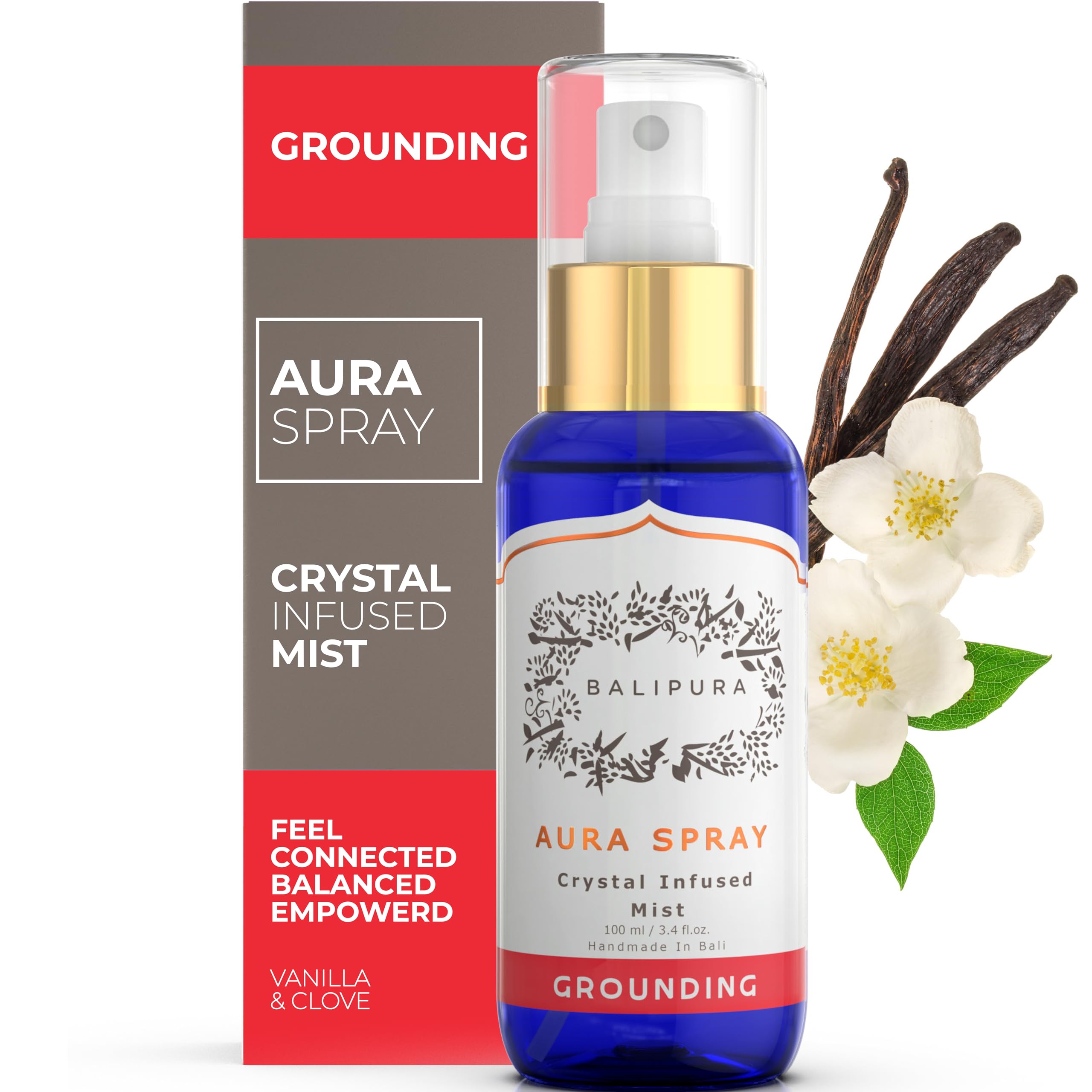 BALIPURA - Aura & Chakra Spray Gift for Women - Grounding Spray Crystal Infused Mist - Organic Essential Oil - Cleanse, Purify and Repair Energy - 3.4 fl.oz