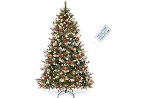 YITAHOME Prelit Pre-Decorated Pine Christmas Tree 6FT with Remote, Artificial Hinged Xmas Tree with 818 Flocked Frosted Tips, 250 Lights, 58 Pine Cones & 58 Red Berries for Holiday Party Office Home