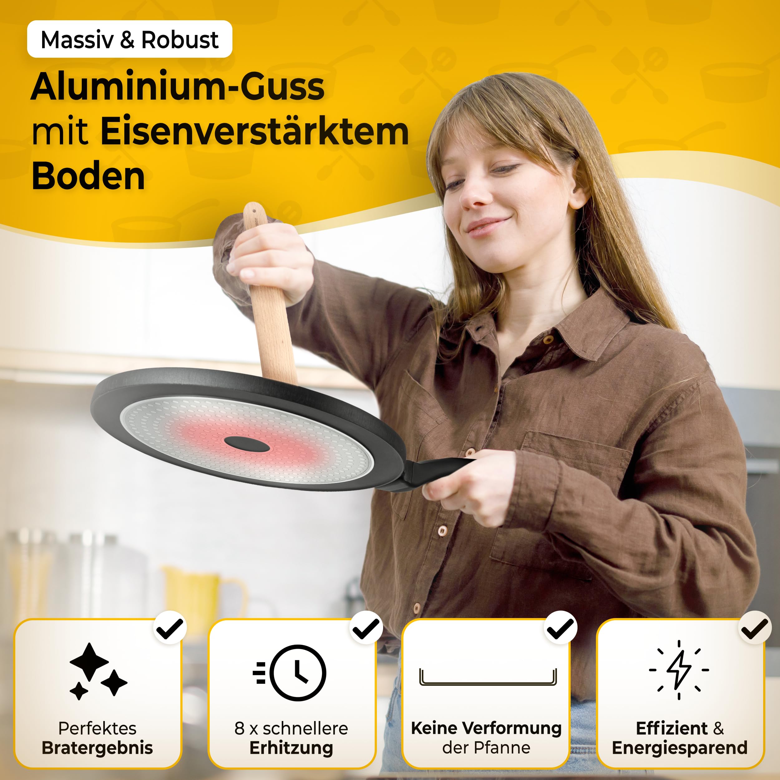 endusor Crepe Pfanne Induktion 26cm mit 3-facher Antihaftbeschichtung inkl. Spatel & Verteiler aus deutschem Buchenholz- Pfannkuchenpfanne für ALLE Herdarten - Flache Crepes Pfanne (OHNE PFOA + PFOS) 6