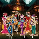 Tioncy 6 Pcs Day of the Dead Yard Decorations with Stakes String Lights | Dia De Los Muertos Sugar Skull, Decorative Garden Stakes, Halloween Calavera Couple Decor, Outside Garden Lawn Porch Party